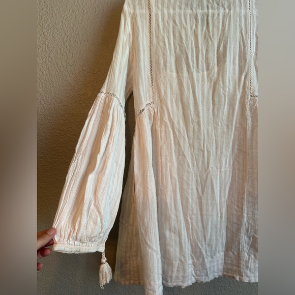 Ulla Johnson Pink Striped Mini Dress Sz 4 Cotton Long Sleeves Tassels Boho Beach - Picture 11 of 12